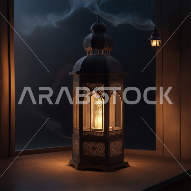تحف وديكورات واكسسوارات المناسبات الدينية، الأجواء الروحانية الرمضانية، فانوس معدني مزخرف مضيئ، التقاليد والعادات العربية لزينة رمضان المبارك، التهنئة بمناسبة الأعياد الإسلامية، البهجة بقدوم شهر الخير والبركة