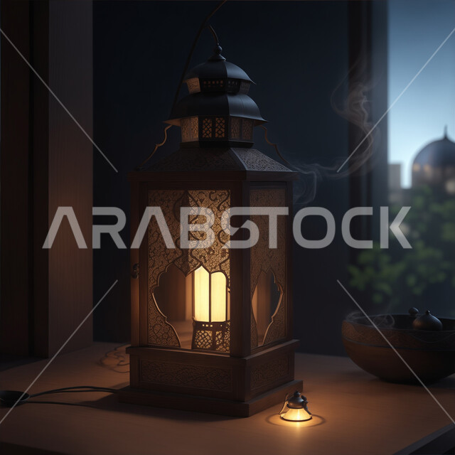 الأجواء الروحانية الرمضانية، فانوس معدني مزخرف مضيئ، التقاليد والعادات العربية لزينة رمضان المبارك، التهنئة بمناسبة الأعياد الإسلامية، البهجة بقدوم شهر الخير والبركة، تحف وديكورات واكسسوارات المناسبات الدينية