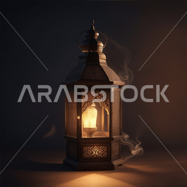 فانوس معدني مزخرف مضيئ، التقاليد والعادات العربية لزينة رمضان المبارك، التهنئة بمناسبة الأعياد الإسلامية، البهجة بقدوم شهر الخير والبركة، الأجواء الروحانية الرمضانية، تحف وديكورات واكسسوارات المناسبات الدينية
