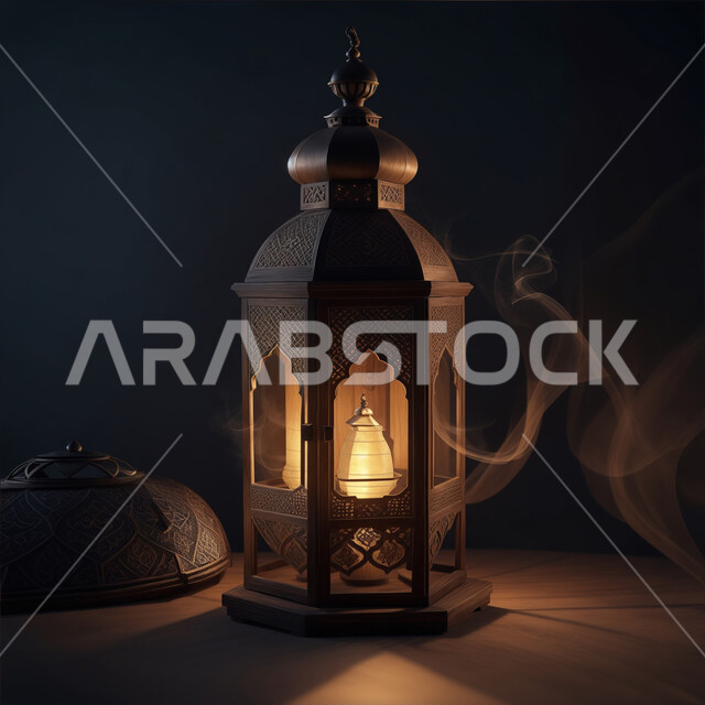 Arabic traditions and customs for Ramadan decorations, congratulations on the occasion of Islamic holidays, joy at the arrival of the month of goodness and blessings, illuminated decorative metal lantern, Ramadan spiritual atmosphere, religious occasion antiques, decorations and accessories
