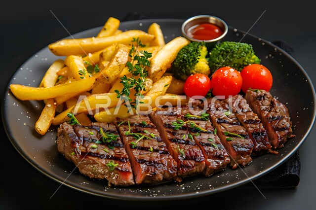 طبق من ستيك اللحم المقطع المشوي مع البطاطا المقلية والخضراوات، وجبات لحوم الضأن الصحية، المأكولات العربية الشرقية الشهية، مطاعم الأكلات السريعة، وصفات وأطباق متميزة في مطابخ المملكة العربية السعودية