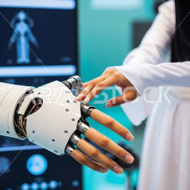 Digital transformation and technical progress, Saudi future vision technology 2030, advanced modern robot, close-up portrait of a Saudi Arabian Gulf man touching the hand of an advanced smart robot, programming and updating artificial intelligence technol