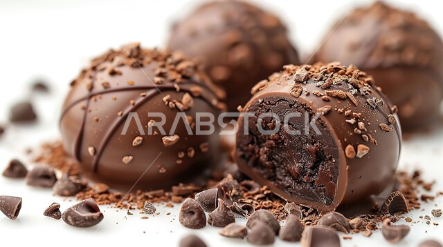 حلا شرقي شهي، صناعة وإعداد الحلويات, مجموعة من كرات الشوكولاته الداكنة المحشي، تقديم السكريات في المناسبات والأعياد، الشوكولا الشهية بنية اللون، خلفية بيضاء
