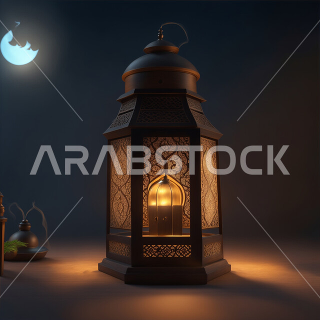 الفنون الهندسية المزخرفة لفانوس معدني متوهج، الفرح والبهجة بقدوم شهر الخير، الاحتفال بالأجواء الرمضانية الروحانية, تحف واكسسوارات شهر رمضان المبارك, زينة وأنوار وإضاءة الأعياد والمناسبات الدينية