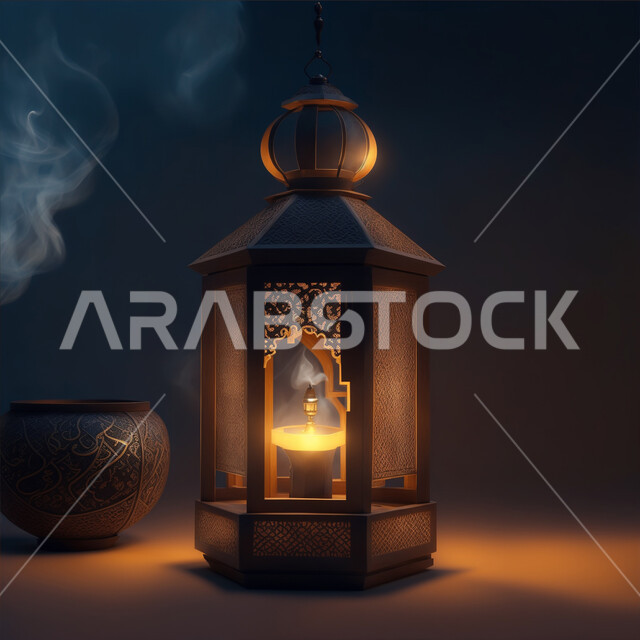 الفرح والبهجة بقدوم شهر الخير، الاحتفال بالأجواء الرمضانية الروحانية, التصاميم الهندسية المزخرفة لفانوس معدني متوهج، تحف واكسسوارات شهر رمضان المبارك, زينة وأنوار وإضاءة الأعياد والمناسبات الدينية