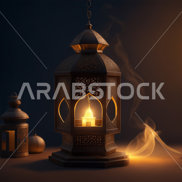 الاحتفال بالأجواء الرمضانية الروحانية, التصاميم الهندسية المزخرفة لفانوس معدني متوهج، تحف واكسسوارات شهر رمضان المبارك, زينة وأنوار وإضاءة الأعياد والمناسبات الدينية, البهجة والفرح بقدوم شهر الخير