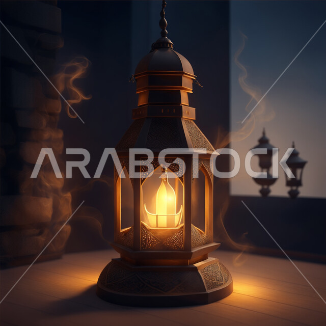 تحف واكسسوارات شهر رمضان المبارك, زينة وأنوار وإضاءة الأعياد والمناسبات الدينية, التصاميم الهندسية المزخرفة لفانوس معدني متوهج، الاحتفال بالأجواء الرمضانية الروحانية, البهجة والفرح بقدوم شهر الخير