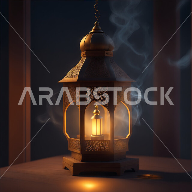 اكسسوارات وتحف شهر رمضان المبارك, زينة وأنوار وإضاءة الأعياد والمناسبات الدينية, التصاميم الهندسية المزخرفة لفانوس معدني متوهج، الاحتفال بالأجواء الرمضانية الروحانية, البهجة والفرح بقدوم شهر الخير