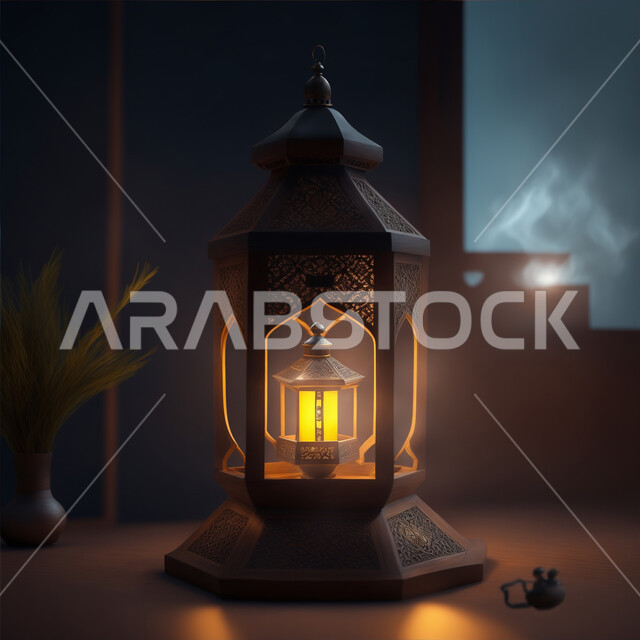 زينة وأنوار وإضاءة الأعياد والمناسبات الدينية, اكسسوارات وتحف شهر رمضان المبارك, التصاميم الهندسية المزخرفة لفانوس معدني متوهج، الاحتفال بالأجواء الرمضانية الروحانية, البهجة والفرح بقدوم شهر الخير 