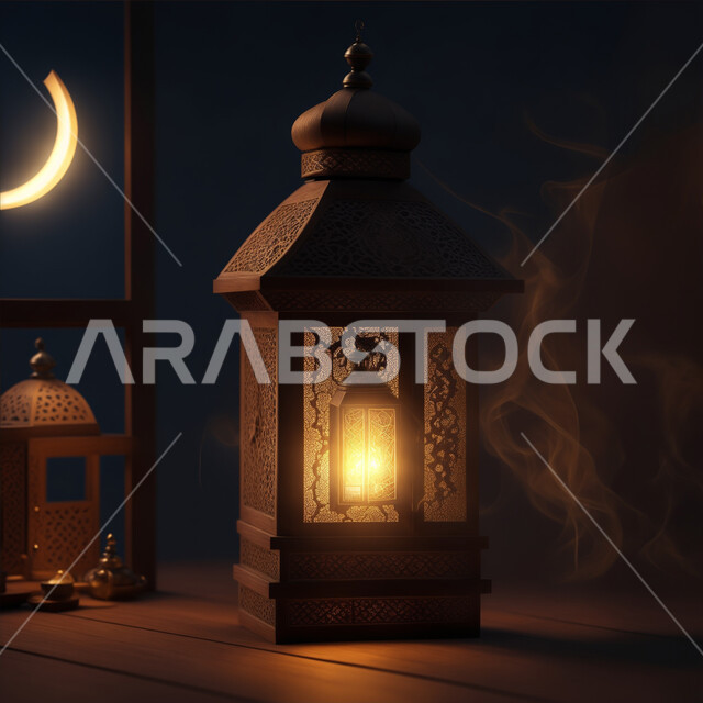 السرور بقدوم شهر الخير والبركة، اكسسوارات وديكورات وتحف المناسبات الدينية، التقاليد والعادات العربية لزينة رمضان المبارك، الأجواء الروحانية الرمضانية، فانوس معدني مزخرف مضيئ، التهنئة بمناسبة الأعياد الإسلامية