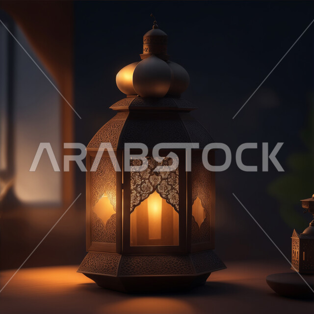 البهجة بقدوم شهر الخير والبركة، اكسسوارات وديكورات وتحف المناسبات الدينية، التقاليد والعادات العربية لزينة رمضان المبارك، الأجواء الروحانية الرمضانية، فانوس معدني مزخرف مضيئ، التهنئة بمناسبة الأعياد الإسلامية