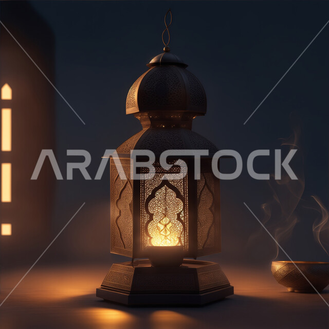 التقاليد والعادات العربية لزينة رمضان المبارك، الأجواء الروحانية الرمضانية، فانوس معدني مزخرف مضيئ، التهنئة بمناسبة الأعياد الإسلامية، تحف وديكورات واكسسوارات المناسبات الدينية، البهجة بقدوم شهر الخير والبركة