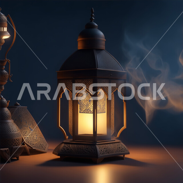 Decorative illuminated metal lantern, congratulations on the occasion of Islamic holidays, Arab customs and traditions for Ramadan decorations, Ramadan spiritual atmosphere, religious occasion antiques, decorations and accessories, joy in the arrival of the month of goodness and blessings
