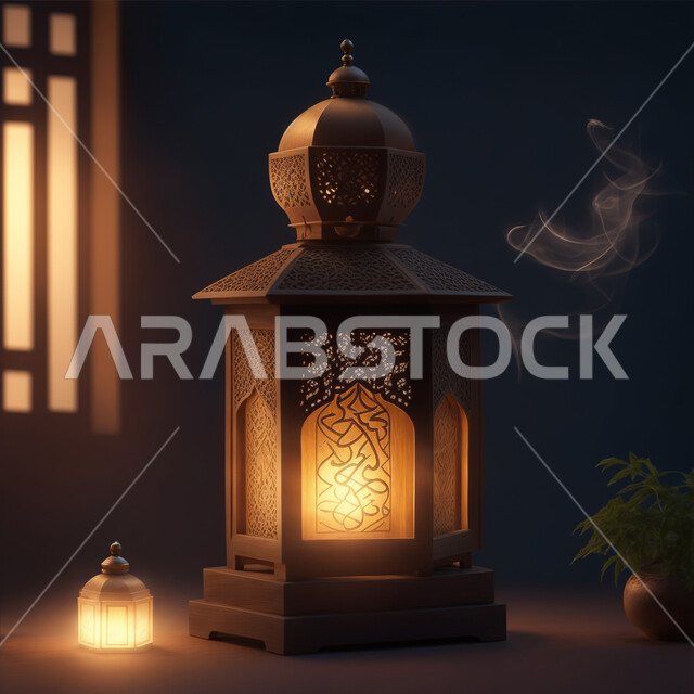 التهنئة بمناسبة الأعياد الإسلامية، العادات والتقاليد العربية لزينة رمضان المبارك، فانوس معدني مزخرف مضيئ، الأجواء الروحانية الرمضانية، تحف وديكورات واكسسوارات المناسبات الدينية، البهجة بقدوم شهر الخير والبركة