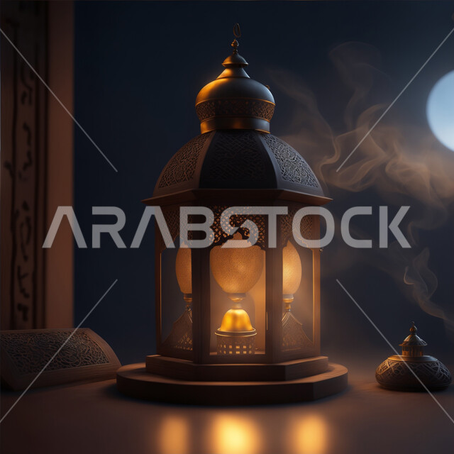 Holiday and religious occasion lights, Ramadan accessories and souvenirs, celebrating the spiritual atmosphere of Ramadan, joy and happiness with the arrival of the month of goodness, decorative geometric designs of a glowing metal lantern