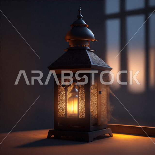 اكسسوارات وتحف شهر رمضان المبارك, الاحتفال بالأجواء الرمضانية الروحانية, البهجة والفرح بقدوم شهر الخير، التصاميم الهندسية المزخرفة لفانوس معدني متوهج، زينة وأنوار وإضاءة الأعياد والمناسبات الدينية