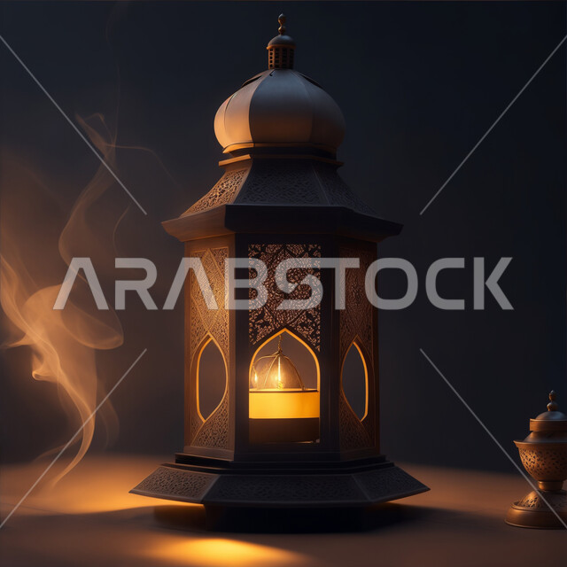 الاحتفال بالأجواء الرمضانية الروحانية, البهجة والفرح بقدوم شهر الخير، التصاميم الهندسية المزخرفة لفانوس معدني متوهج، تحف واكسسوارات شهر رمضان المبارك, زينة وأنوار وإضاءة الأعياد والمناسبات الدينية
