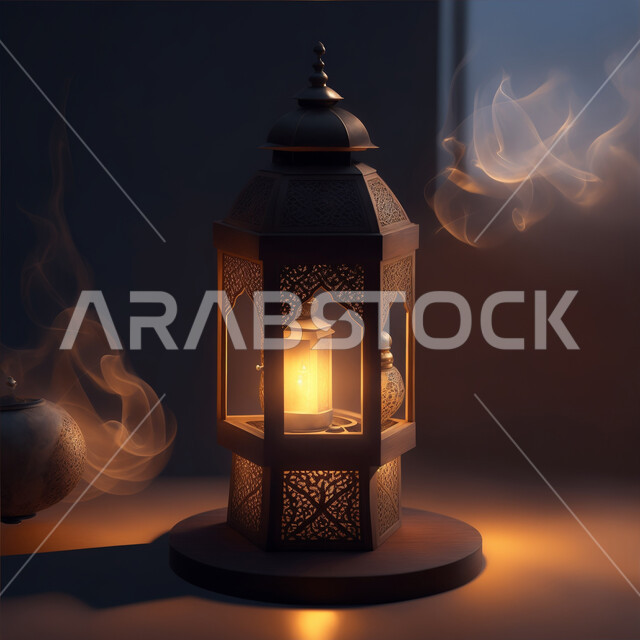 Joy and happiness with the arrival of the month of goodness, decorative geometric designs of a glowing metal lantern, celebrating the spiritual atmosphere of Ramadan, Ramadan gifts and accessories, decorations, lights and illumination for religious holidays and occasions