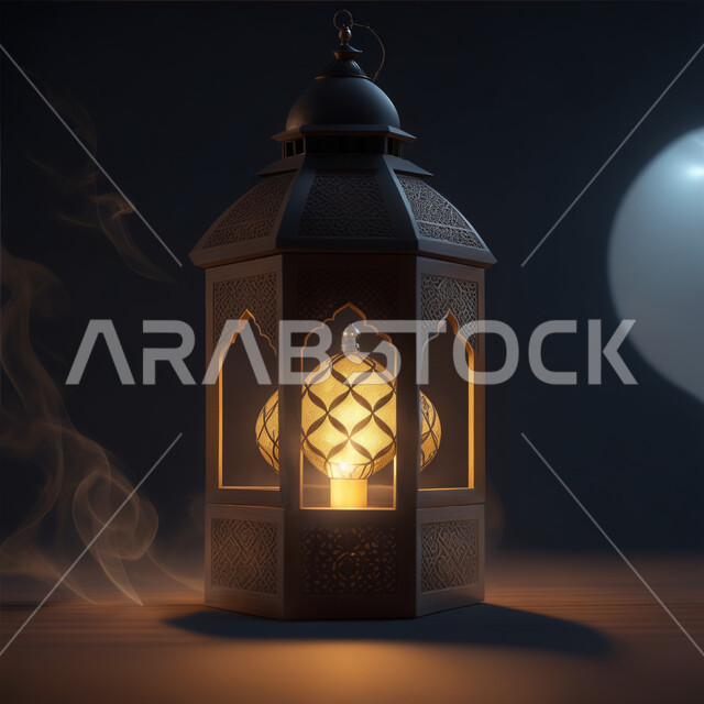 Ornate geometric designs of glowing metal lantern, joy and happiness of the coming of the month of goodness, celebrating the spiritual atmosphere of Ramadan, Ramadan gifts and accessories, decorations, lights and illumination for religious holidays and occasions