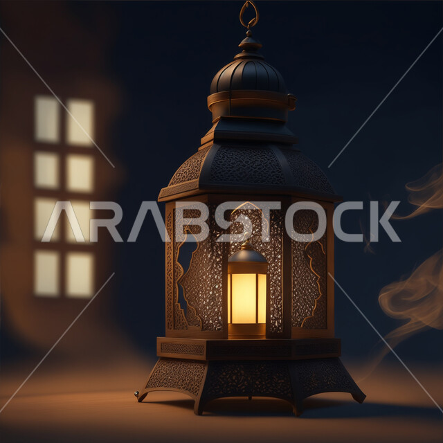 الفنون الهندسية المزخرفة لفانوس معدني متوهج، الفرح والبهجة بقدوم شهر الخير، الاحتفال بالأجواء الرمضانية الروحانية, تحف واكسسوارات شهر رمضان المبارك, زينة وأنوار وإضاءة الأعياد والمناسبات الدينية