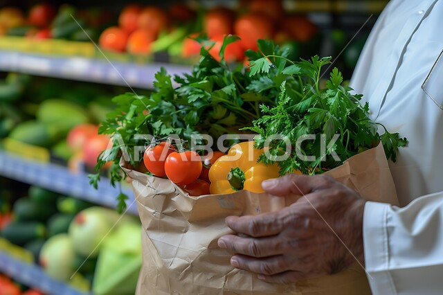 شراء الاحتياجات المنزلية، صورة مقربة لرجل خليجي عربي سعودي يرتدي الزي التقليدي يحمل بيده كيس الخضروات، قسم الفواكه داخل السوبرماركت، السلع والمواد الغذائية المختلفة، الخضار الطازجة الشهية، مراكز التسوق في المملكة العربية السعودية