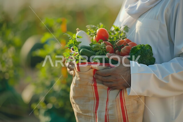 شراء الاحتياجات المنزلية، صورة مقربة لرجل خليجي عربي سعودي يرتدي الزي التقليدي يحمل بيده كيس الخضروات، الأراضي الزراعية الخصبة، السلع والمواد الغذائية المختلفة، الخضار الطازجة الشهية، خلفية ضبابية