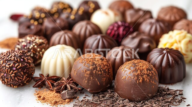 حلا شرقي شهي، صناعة وإعداد الحلويات, مجموعة من كرات الشوكولاته متنوعة النكهات، تقديم السكريات في المناسبات والأعياد، الشوكولا الشهية البنية والبيضاء اللون، خلفية بيضاء