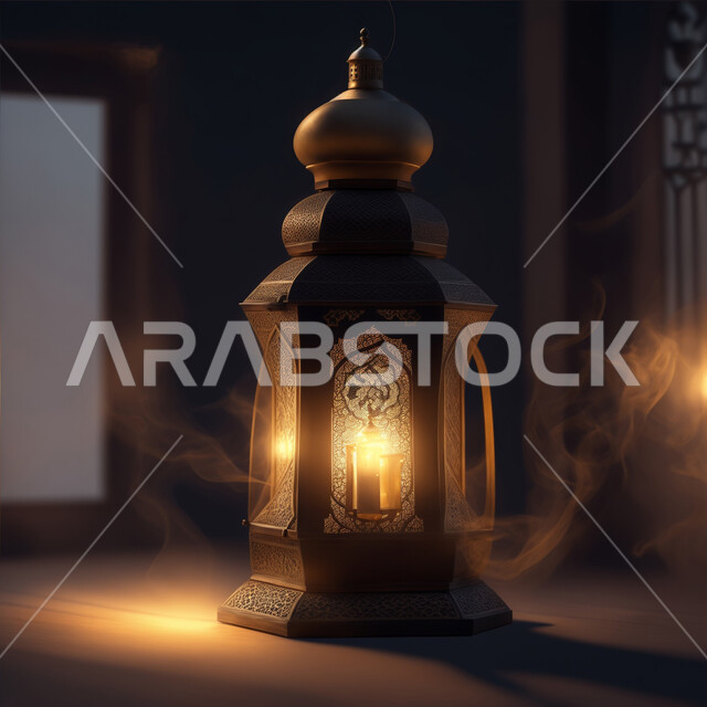 الفنون الهندسية المزخرفة لفانوس معدني متوهج، الفرح والبهجة بقدوم شهر الخير، الاحتفال بالأجواء الرمضانية الروحانية, تحف واكسسوارات شهر رمضان المبارك, زينة وأنوار وإضاءة الأعياد والمناسبات الدينية