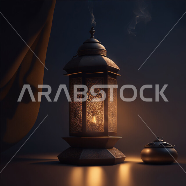 Ornate geometric designs of glowing metal lantern, joy and happiness of the coming of the month of goodness, celebrating the spiritual atmosphere of Ramadan, Ramadan gifts and accessories, decorations, lights and illumination for religious holidays and occasions