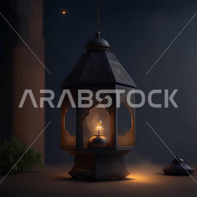 البهجة والفرح بقدوم شهر الخير، الاحتفال بالأجواء الرمضانية الروحانية, تحف واكسسوارات شهر رمضان المبارك, زينة وأنوار وإضاءة الأعياد والمناسبات الدينية، التصاميم الهندسية المزخرفة لفانوس معدني متوهج