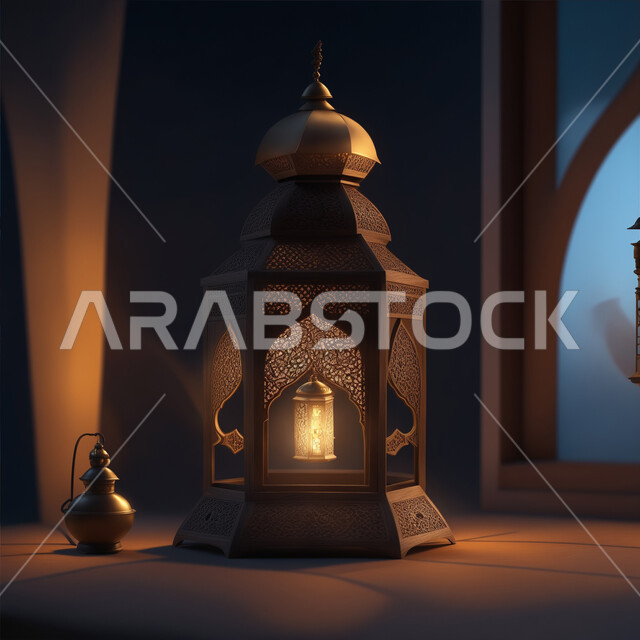 إضاءة وأنوار وزينة الأعياد والمناسبات الدينية، اكسسوارات وتحف شهر رمضان المبارك, الاحتفال بالأجواء الرمضانية الروحانية, البهجة والفرح بقدوم شهر الخير، التصاميم الهندسية المزخرفة لفانوس معدني متوهج