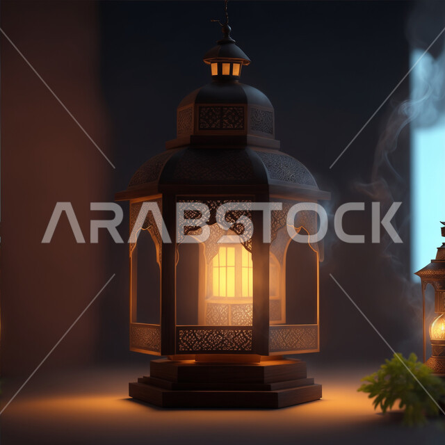 الاحتفال بشهر رمضان المبارك, تحف تقليدية وفوانيس اسلامية للاستعداد لقدوم شهر الخير، فانوس عربي معدني مزخرف مضيء، الأجواء الرمضانية الروحانية، ديكورات وأنوار وزينة المناسبات الاسلامية والدينية