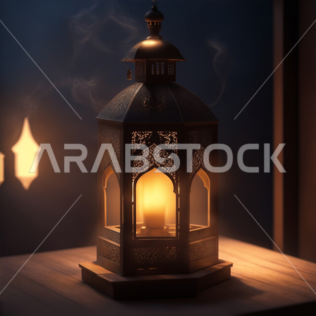 استقبال رمضان المبارك, تحف تقليدية وفوانيس اسلامية للاحتفال بقدوم شهر الخير، فانوس عربي معدني مزخرف مضيء، الأجواء الرمضانية الروحانية، ديكورات وأنوار وزينة المناسبات الاسلامية والدينية