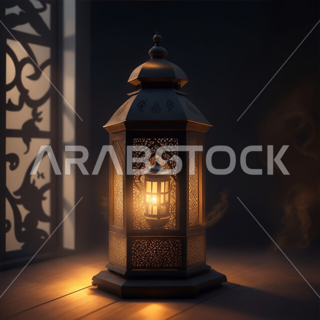 فوانيس اسلامية وتحف تقليدية للاحتفال بقدوم شهر الخير، فانوس عربي معدني مزخرف مضيء، الأجواء الرمضانية الروحانية، استقبال رمضان المبارك, ديكورات وأنوار وزينة المناسبات الاسلامية والدينية