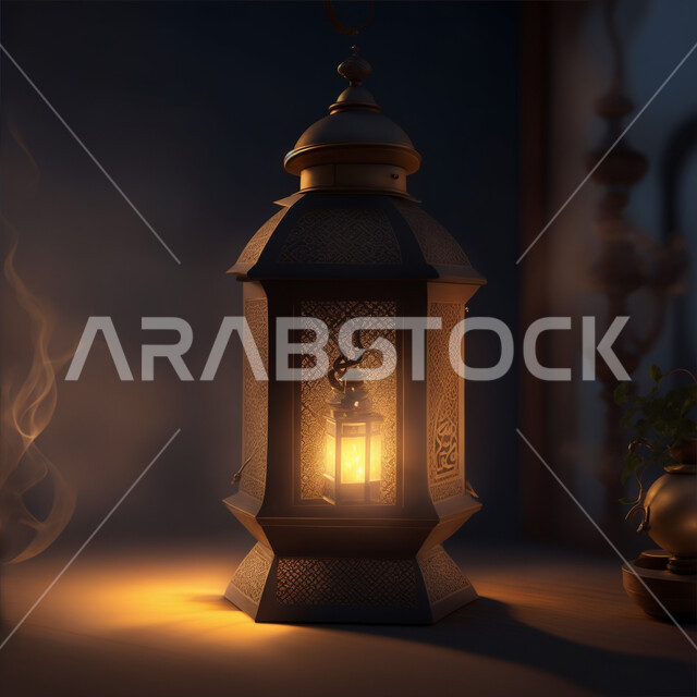Arabic decorative metal lantern illuminated, spiritual Ramadan atmosphere, Islamic lanterns and traditional artifacts to celebrate the arrival of the month of goodness, welcoming the holy month of Ramadan, Islamic and religious occasion decorations, lights and ornaments
