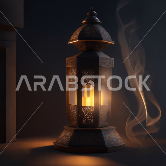 الأجواء الرمضانية الروحانية، فانوس عربي معدني مزخرف مضيء، فوانيس اسلامية وتحف تقليدية للاحتفال بقدوم شهر الخير، استقبال رمضان المبارك, ديكورات وأنوار وزينة المناسبات الاسلامية والدينية