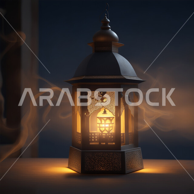 فانوس عربي معدني مزخرف مضيء، تحف تقليدية وفوانيس اسلامية للاستعداد لقدوم شهر الخير، الاحتفال بشهر رمضان المبارك، أضواء وأنوار وديكورات المناسبات الاسلامية والدينية، الأجواء الرمضانية الروحانية