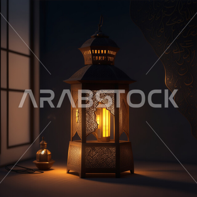 فوانيس اسلامية وتحف تقليدية للاستعداد لقدوم شهر الخير، الاحتفال بشهر رمضان المبارك، أضواء وأنوار وديكورات المناسبات الاسلامية والدينية، الأجواء الرمضانية الروحانية، فانوس عربي معدني مزخرف مضيء