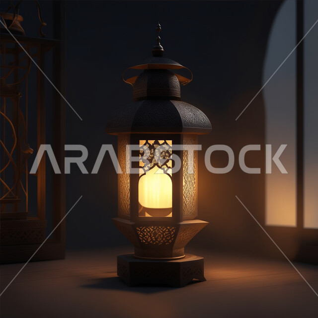 الاحتفال بشهر رمضان المبارك، أضواء وأنوار وديكورات المناسبات الاسلامية والدينية، الأجواء الرمضانية الروحانية، فانوس عربي معدني مزخرف مضيء، فوانيس اسلامية وتحف تقليدية للاستعداد لقدوم شهر الخير