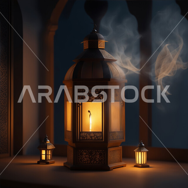 استقبال شهر رمضان المبارك، أضواء وأنوار وديكورات المناسبات الاسلامية والدينية، الأجواء الرمضانية الروحانية، فانوس عربي معدني مزخرف مضيء، فوانيس اسلامية وتحف تقليدية للاستعداد لقدوم شهر الخير