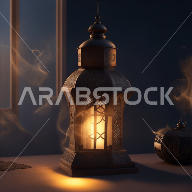 الأجواء الرمضانية الروحانية، فانوس عربي معدني مزخرف مضيء، فوانيس اسلامية وتحف تقليدية للاستعداد لقدوم شهر الخير، استقبال شهر رمضان المبارك, ديكورات وزينة وأنوار المناسبات الاسلامية والدينية