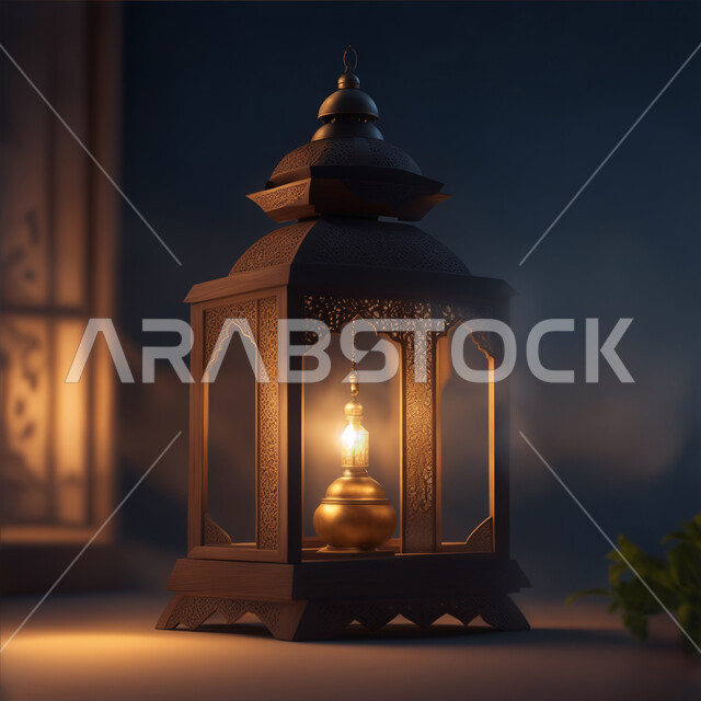 Traditional antiques and Islamic lanterns to prepare for the arrival of the month of goodness, welcoming the holy month of Ramadan, decorations, ornaments and lights for Islamic and religious occasions, an Arabic decorative metal lantern illuminated, the spiritual Ramadan atmosphere