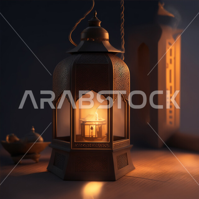 استقبال شهر رمضان المبارك, ديكورات وزينة وأنوار المناسبات الاسلامية والدينية، تحف تقليدية وفوانيس اسلامية للاستعداد لقدوم شهر الخير، فانوس عربي معدني مزخرف مضيء، الأجواء الرمضانية الروحانية