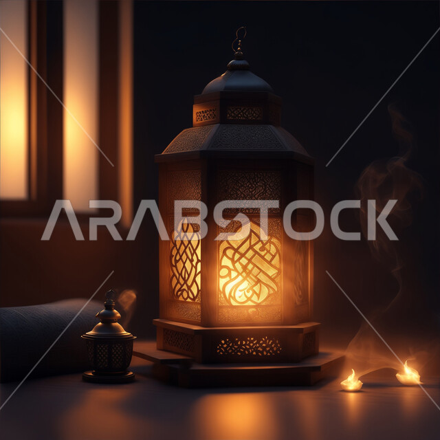 Celebrating the holy month of Ramadan, decorations, ornaments and lights for Islamic and religious occasions, traditional artifacts and Islamic lanterns to prepare for the coming of the month of goodness, an Arabic decorative metal lantern illuminated, the spiritual atmosphere of Ramadan