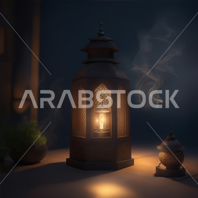 البهجة بقدوم شهر الخير والبركة، اكسسوارات وديكورات وتحف المناسبات الدينية، الأجواء الروحانية الرمضانية، فانوس معدني مزخرف مضيئ، العادات والتقاليد العربية لزينة رمضان المبارك، التهنئة بمناسبة الأعياد الإسلامية