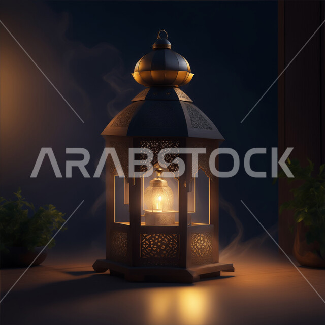 ديكورات وتحف واكسسوارات المناسبات الدينية، الأجواء الروحانية الرمضانية، فانوس معدني مزخرف مضيئ، العادات والتقاليد العربية لزينة رمضان المبارك، التهنئة بمناسبة الأعياد الإسلامية، البهجة بقدوم شهر الخير والبركة