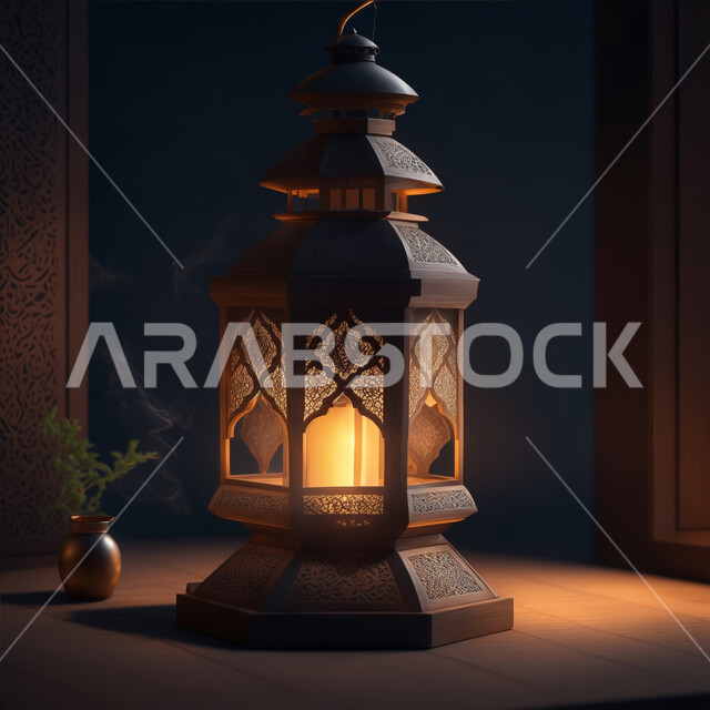 التقاليد والعادات العربية لزينة رمضان المبارك، التهنئة بمناسبة الأعياد الإسلامية، تحف وديكورات واكسسوارات المناسبات الدينية، البهجة بقدوم شهر الخير والبركة، الأجواء الروحانية الرمضانية، فانوس معدني مزخرف مضيئ