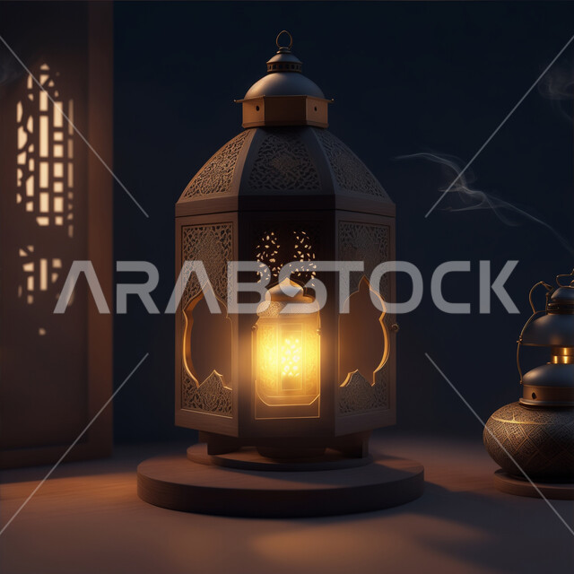 التهنئة بمناسبة الأعياد الإسلامية، تحف وديكورات واكسسوارات المناسبات الدينية، البهجة بقدوم شهر الخير والبركة، الأجواء الروحانية الرمضانية، فانوس معدني مزخرف مضيئ، العادات والتقاليد العربية لزينة رمضان المبارك