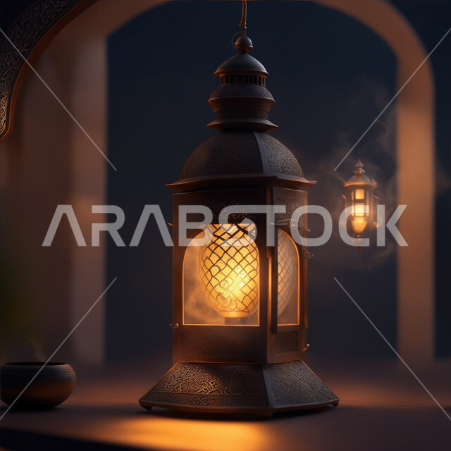 تحف وديكورات واكسسوارات المناسبات الدينية، البهجة بقدوم شهر الخير والبركة، الأجواء الروحانية الرمضانية، فانوس معدني مزخرف مضيئ، العادات والتقاليد العربية لزينة رمضان المبارك، التهنئة بمناسبة الأعياد الإسلامية