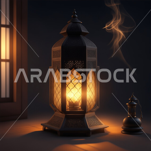 ديكورات واكسسوارات وتحف المناسبات الدينية، البهجة بقدوم شهر الخير والبركة، الأجواء الروحانية الرمضانية، فانوس معدني مزخرف مضيئ، العادات والتقاليد العربية لزينة رمضان المبارك، التهنئة بمناسبة الأعياد الإسلامية